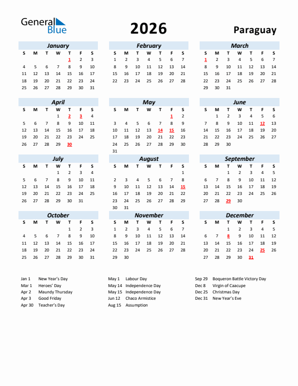 2026 Calendar for Paraguay with Holidays