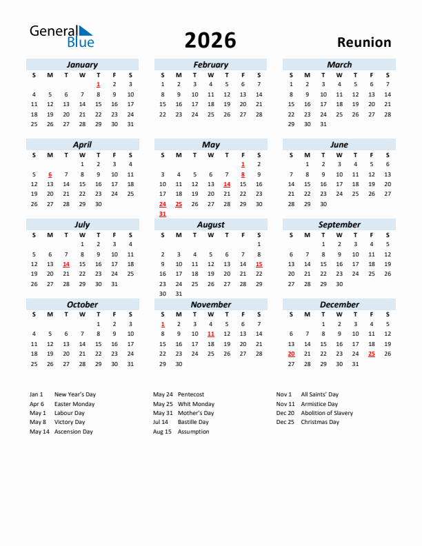 2026 Calendar for Reunion with Holidays