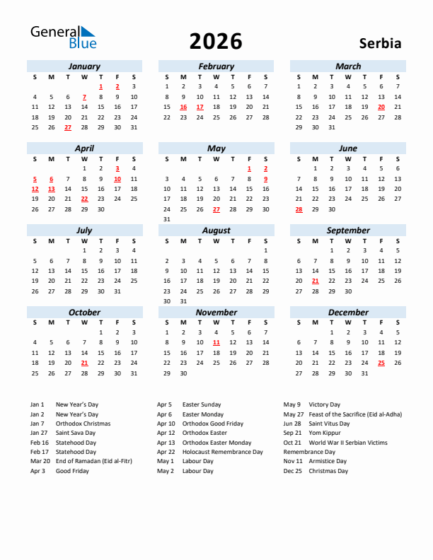 2026 Calendar for Serbia with Holidays