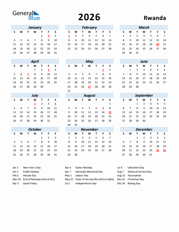 2026 Calendar for Rwanda with Holidays