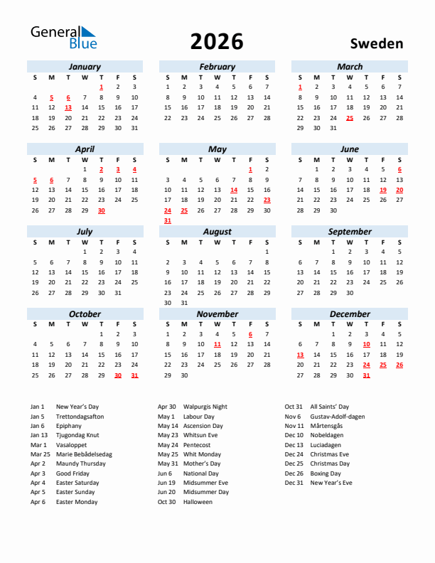 2026 Calendar for Sweden with Holidays