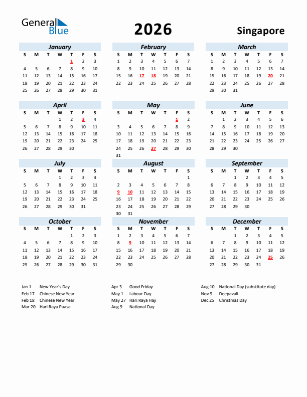 2026 Calendar for Singapore with Holidays