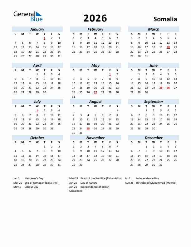 2026 Calendar for Somalia with Holidays