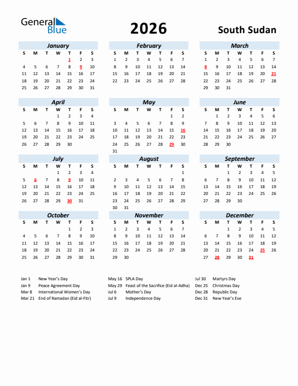 2026 Calendar for South Sudan with Holidays