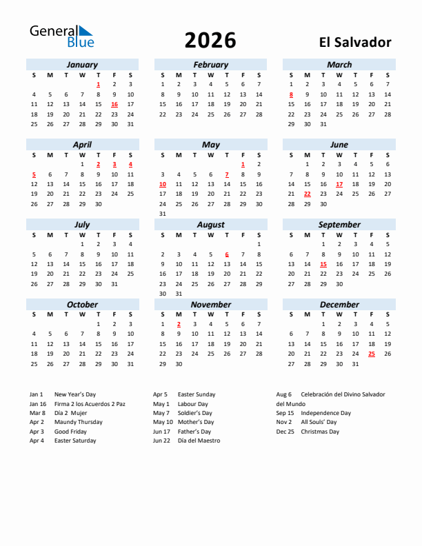 2026 Calendar for El Salvador with Holidays