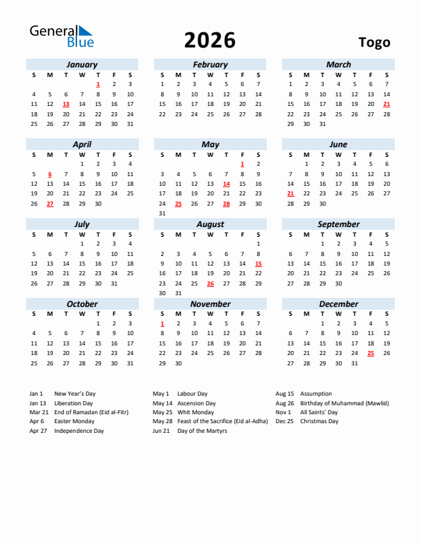 2026 Calendar for Togo with Holidays