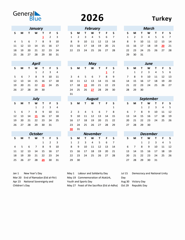 2026 Calendar for Turkey with Holidays