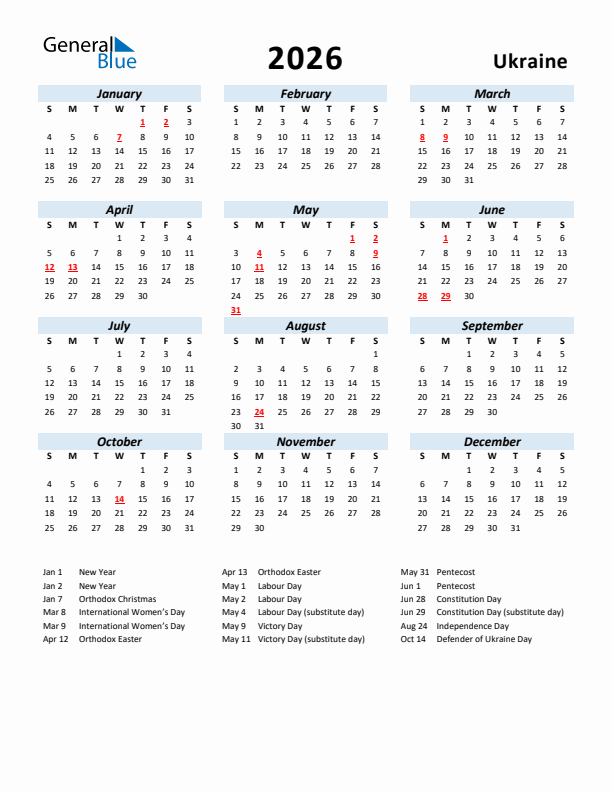 2026 Calendar for Ukraine with Holidays
