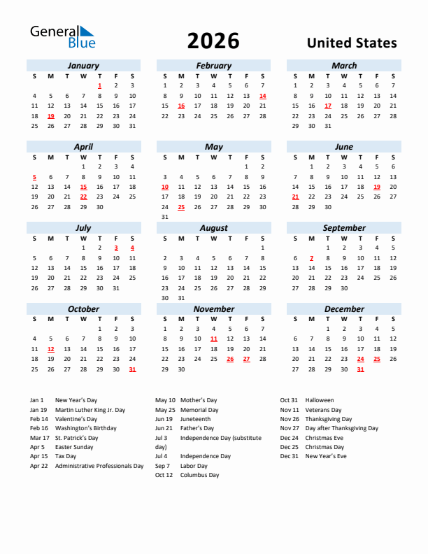 2026 Calendar for United States with Holidays