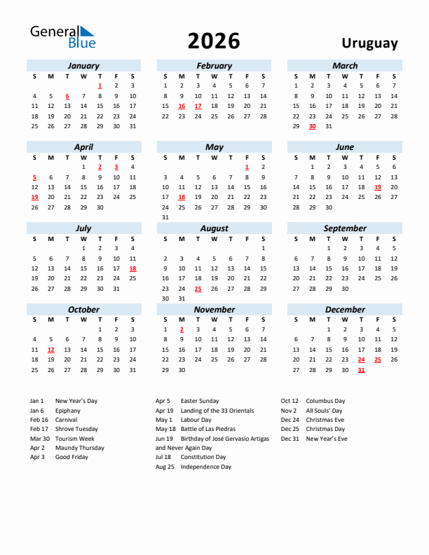 2026 Calendar for Uruguay with Holidays