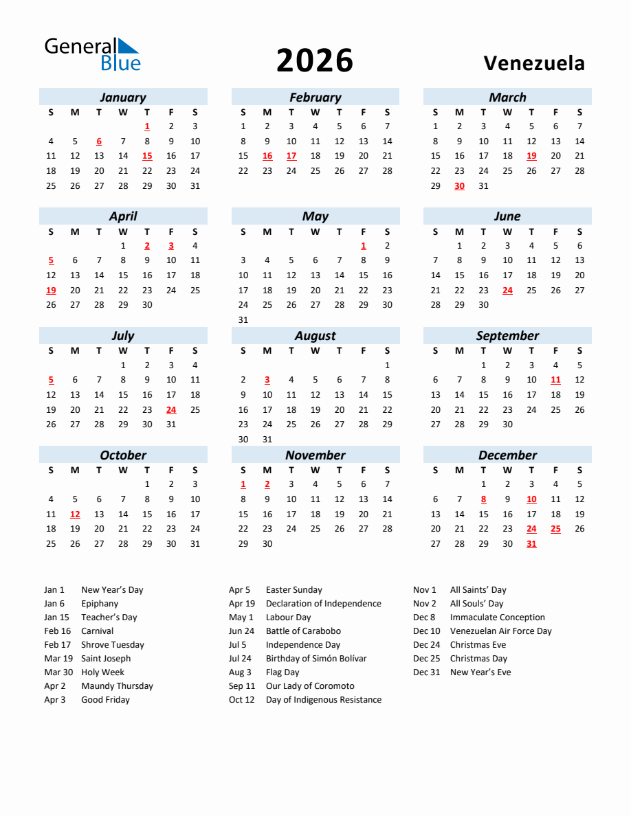 2026 Yearly Calendar for Venezuela with Holidays