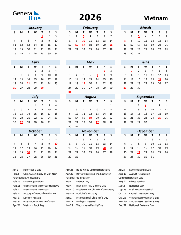 2026 Calendar for Vietnam with Holidays