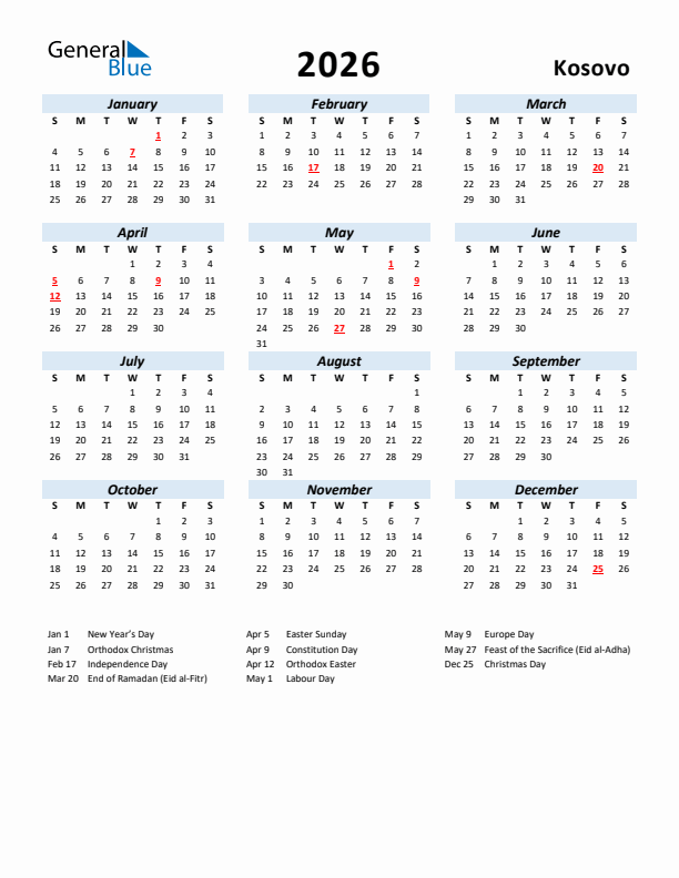 2026 Calendar for Kosovo with Holidays