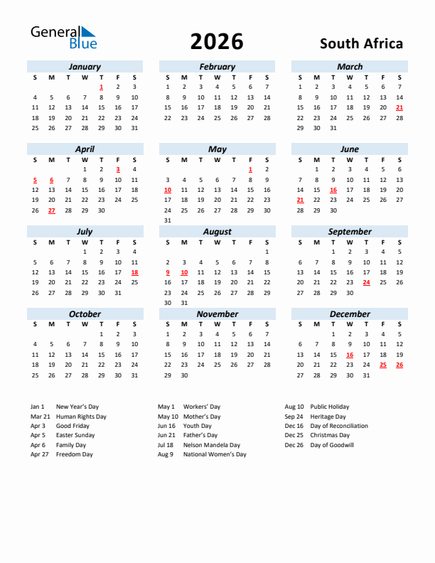 2026 Calendar for South Africa with Holidays