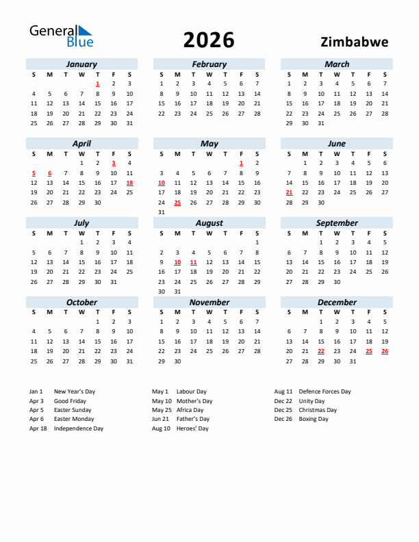 2026 Calendar for Zimbabwe with Holidays