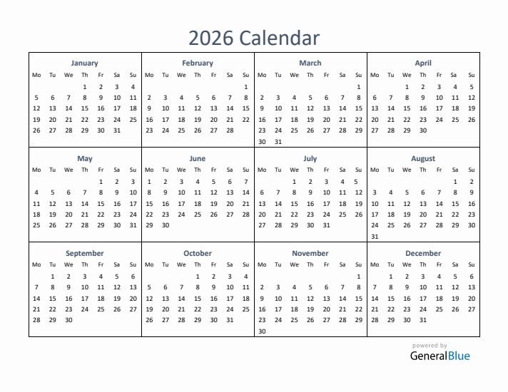One-Page Yearly Calendar 2026 in PDF, Excel, Word