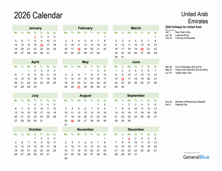Holiday Calendar 2026 for United Arab Emirates (Monday Start)