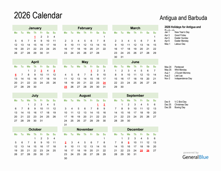 Holiday Calendar 2026 for Antigua and Barbuda (Monday Start)