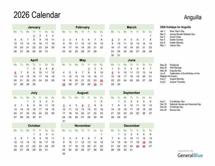 Holiday Calendar 2026 for Anguilla (Monday Start)