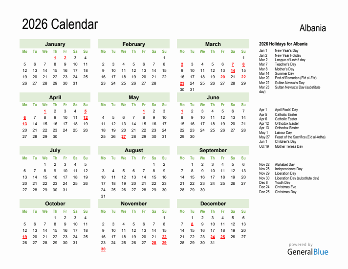 Holiday Calendar 2026 for Albania (Monday Start)