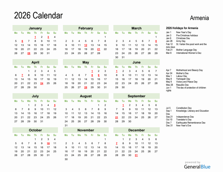 Holiday Calendar 2026 for Armenia (Monday Start)