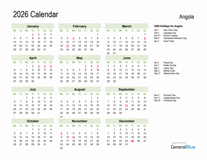 Holiday Calendar 2026 for Angola (Monday Start)