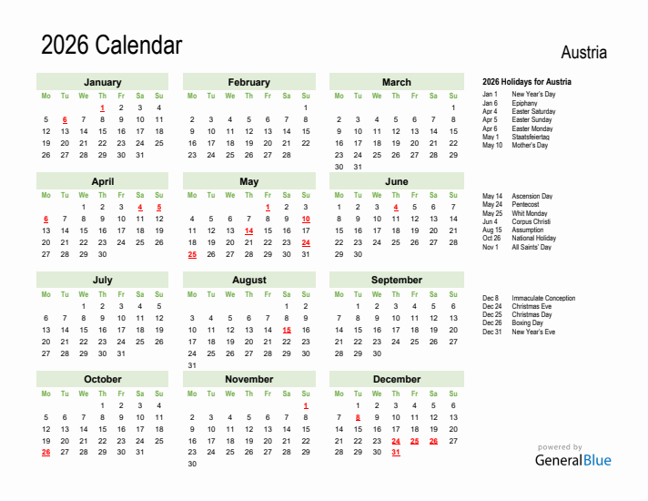 Holiday Calendar 2026 for Austria (Monday Start)