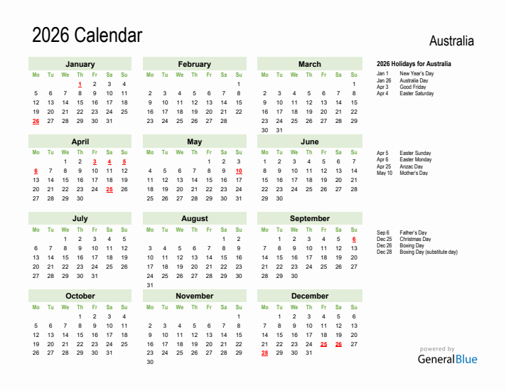 Holiday Calendar 2026 for Australia (Monday Start)