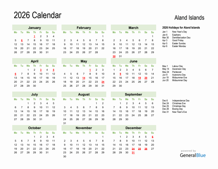 Holiday Calendar 2026 for Aland Islands (Monday Start)