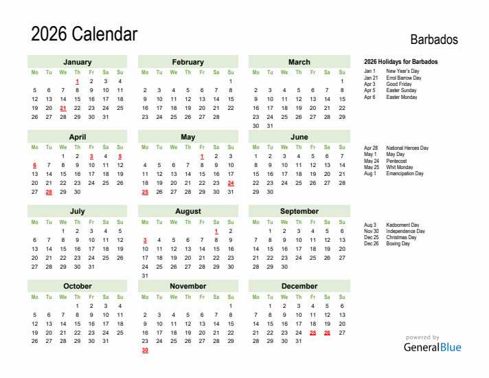 Holiday Calendar 2026 for Barbados (Monday Start)