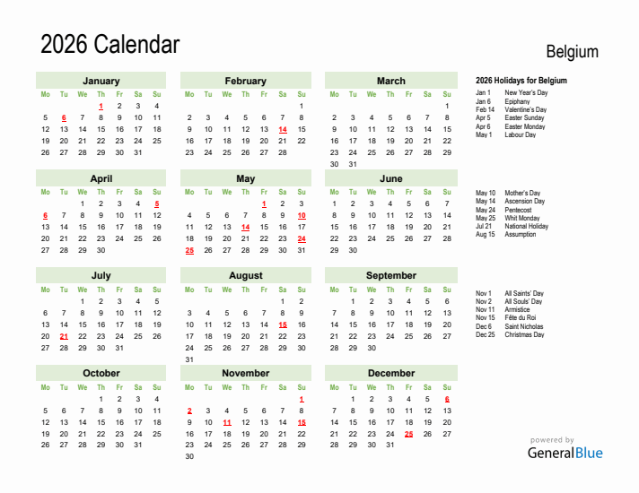 Holiday Calendar 2026 for Belgium (Monday Start)
