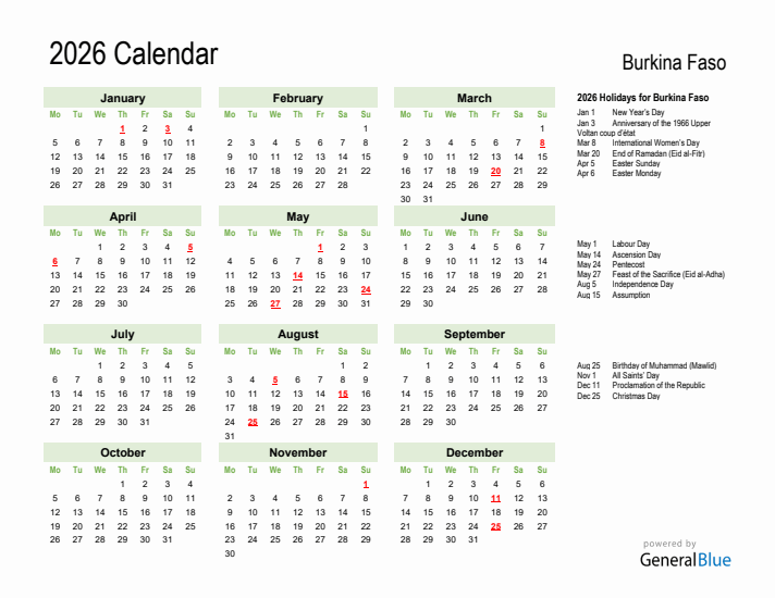 Holiday Calendar 2026 for Burkina Faso (Monday Start)