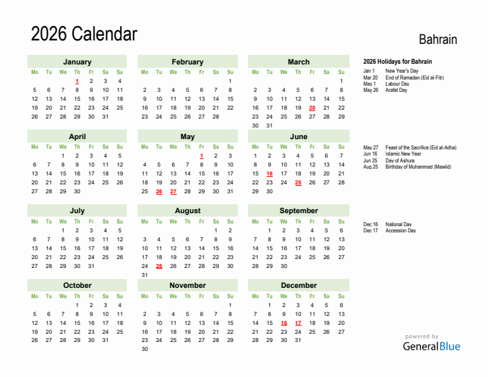 Holiday Calendar 2026 for Bahrain (Monday Start)
