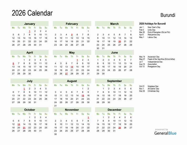 Holiday Calendar 2026 for Burundi (Monday Start)