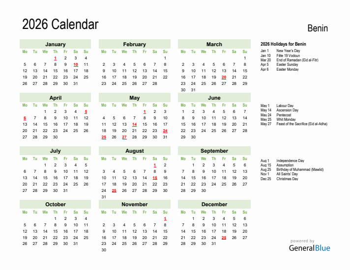 Holiday Calendar 2026 for Benin (Monday Start)