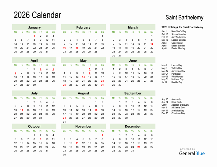 Holiday Calendar 2026 for Saint Barthelemy (Monday Start)