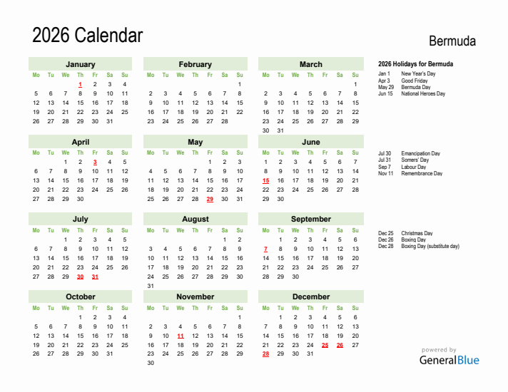 Holiday Calendar 2026 for Bermuda (Monday Start)