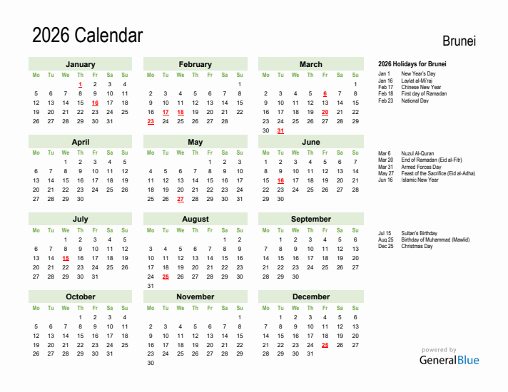 Holiday Calendar 2026 for Brunei (Monday Start)