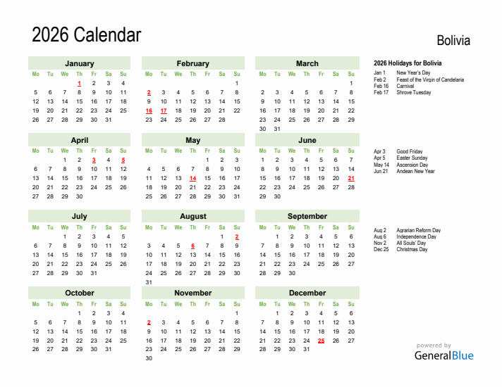 Holiday Calendar 2026 for Bolivia (Monday Start)