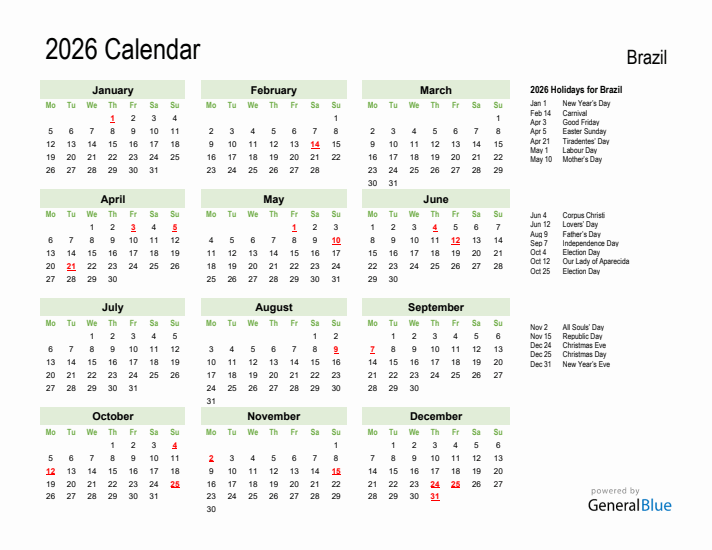 Holiday Calendar 2026 for Brazil (Monday Start)