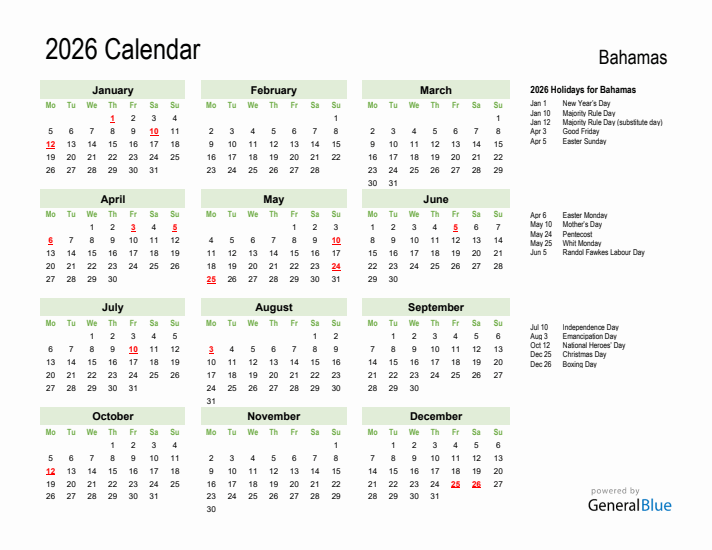 Holiday Calendar 2026 for Bahamas (Monday Start)