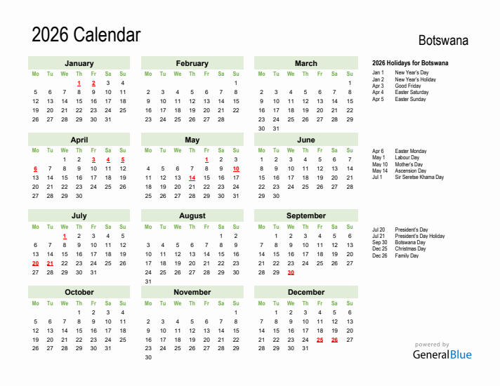 Holiday Calendar 2026 for Botswana (Monday Start)
