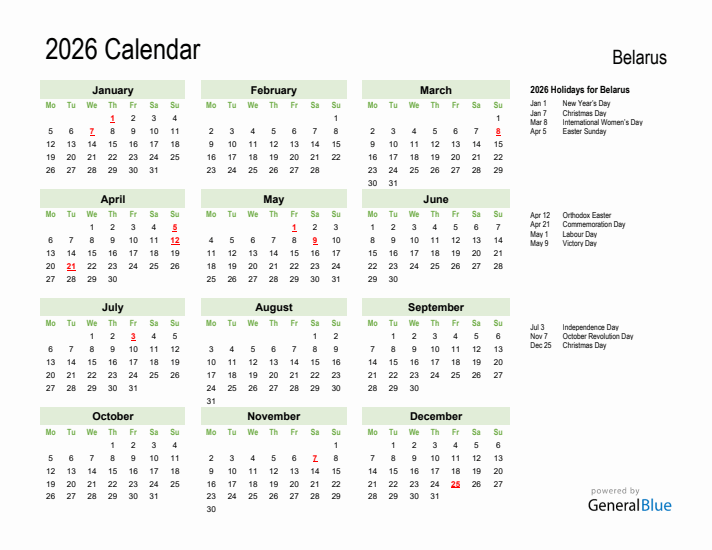 Holiday Calendar 2026 for Belarus (Monday Start)