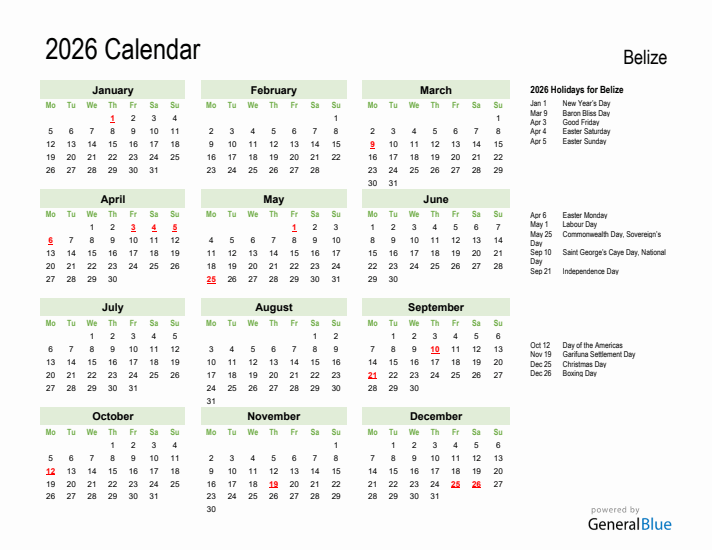 Holiday Calendar 2026 for Belize (Monday Start)