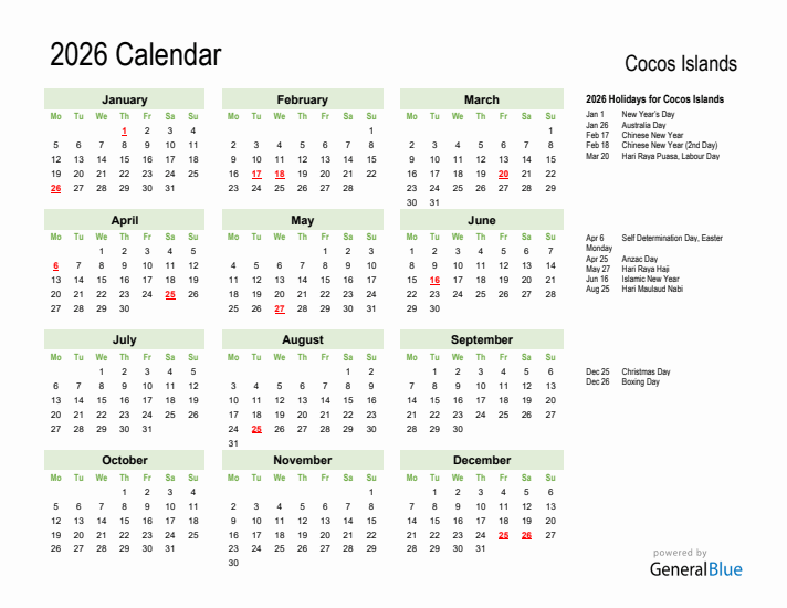Holiday Calendar 2026 for Cocos Islands (Monday Start)