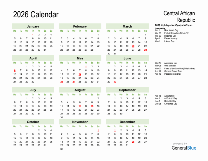 Holiday Calendar 2026 for Central African Republic (Monday Start)