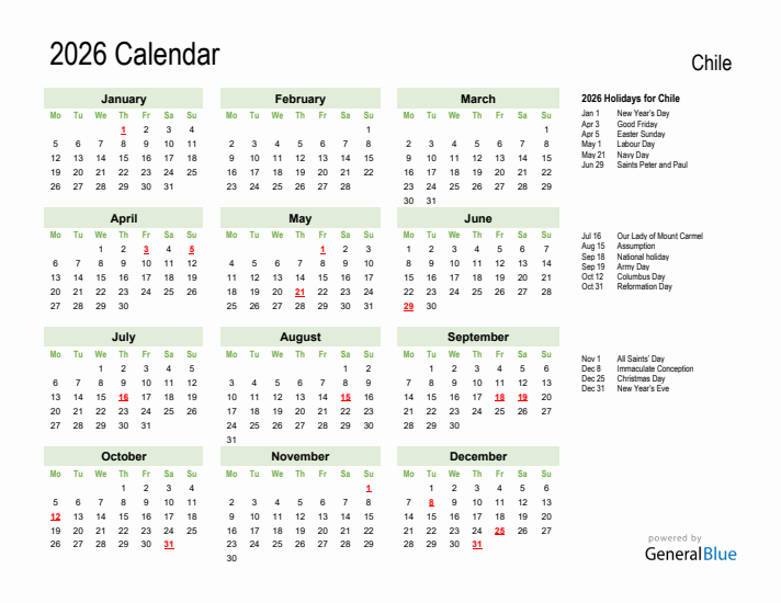 Holiday Calendar 2026 for Chile (Monday Start)