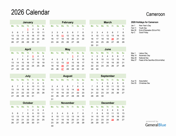 Holiday Calendar 2026 for Cameroon (Monday Start)