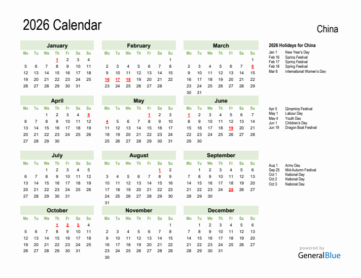 Holiday Calendar 2026 for China (Monday Start)