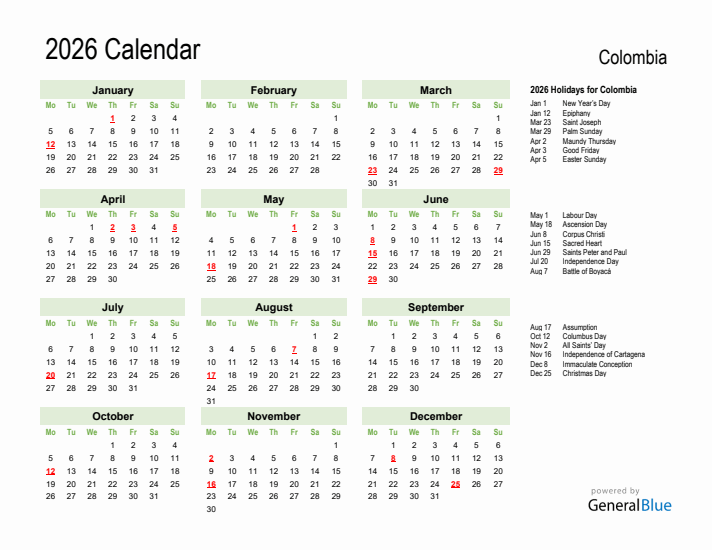 Holiday Calendar 2026 for Colombia (Monday Start)